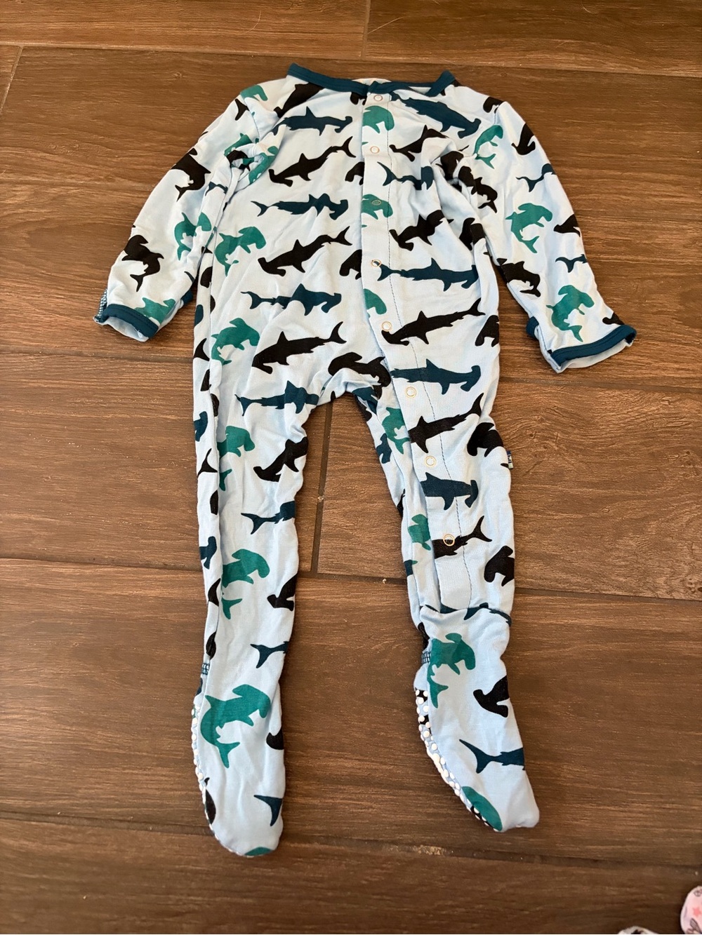 Kickee Pants Light Blue Shark-Print Footed One-Piece- Size 6-9 months